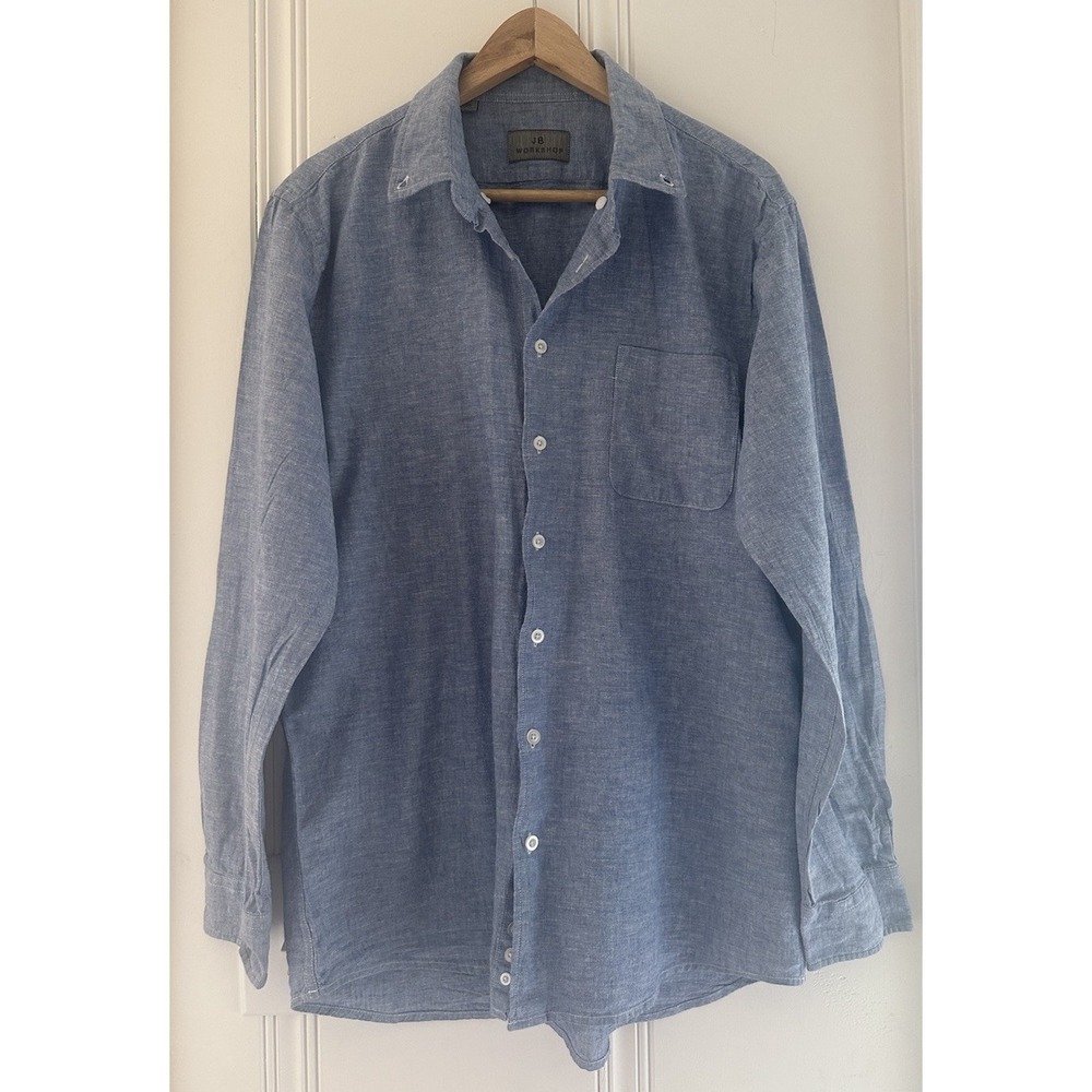 JB Workshop Linen Cotton Chambray Button‎ Shirt Blue Mens Medium 55 Linen